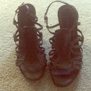 Tahari black wedge sandals.